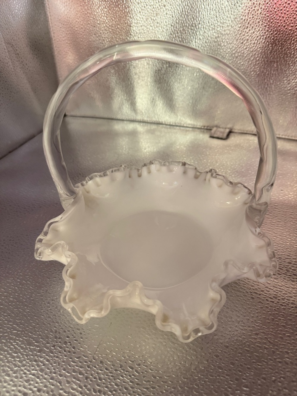 Fenton-Style Milk Glass Ruffled Handled Basket